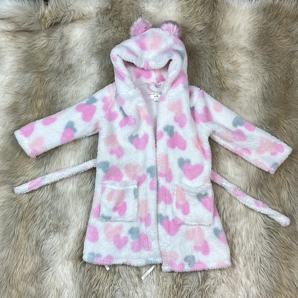 Laura Ashley Girls Plush Heart Robe Pom Pom Hood Belt 4T